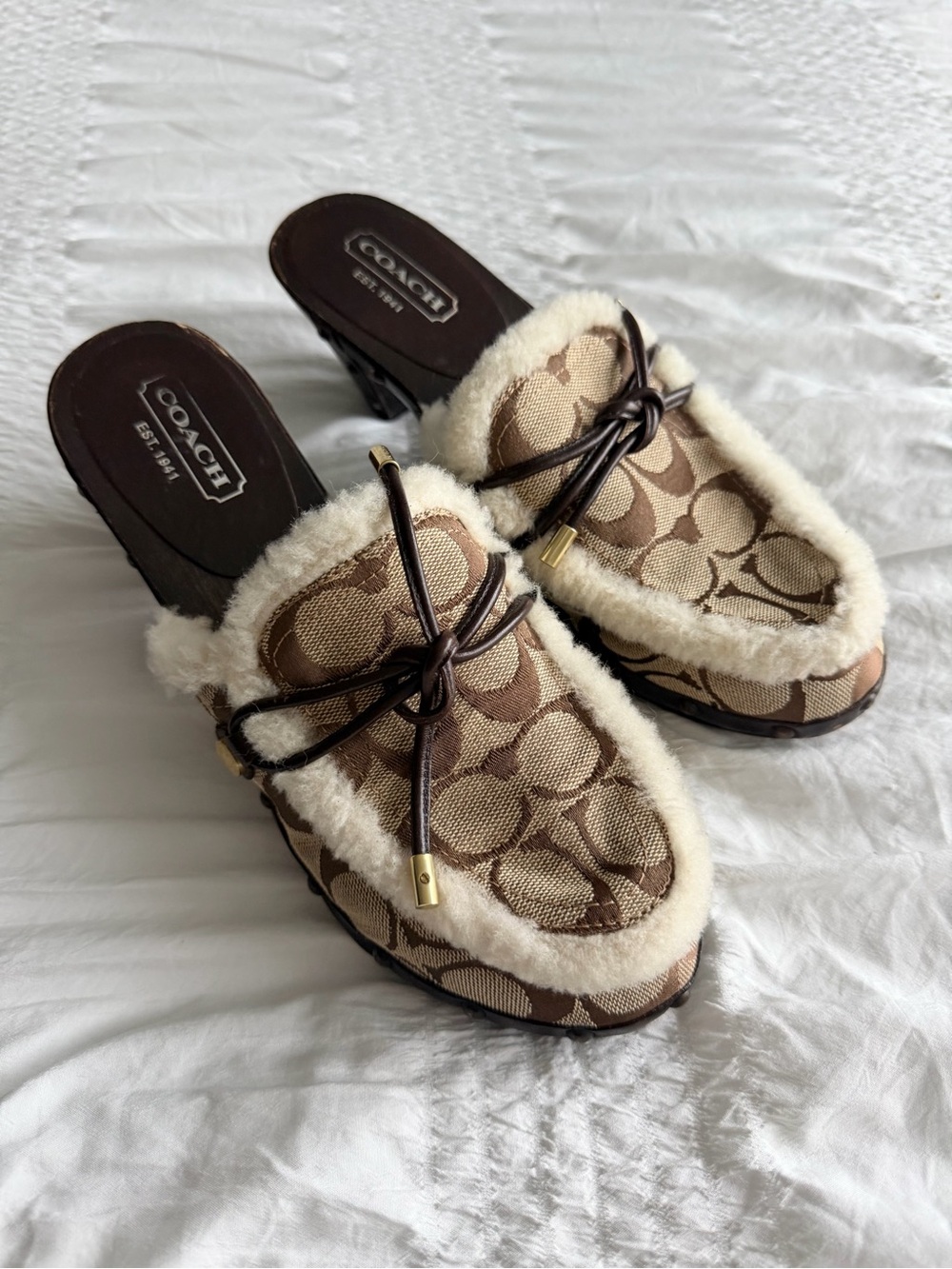Vintage Coach Signature Canvas & Leather Trim Wooden Sole Heeled Mules